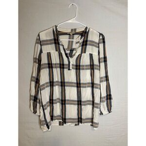 Loft Outlet Women Medium Plaid Split Neck Blouse Navy Orange White 3/4 Sleeve